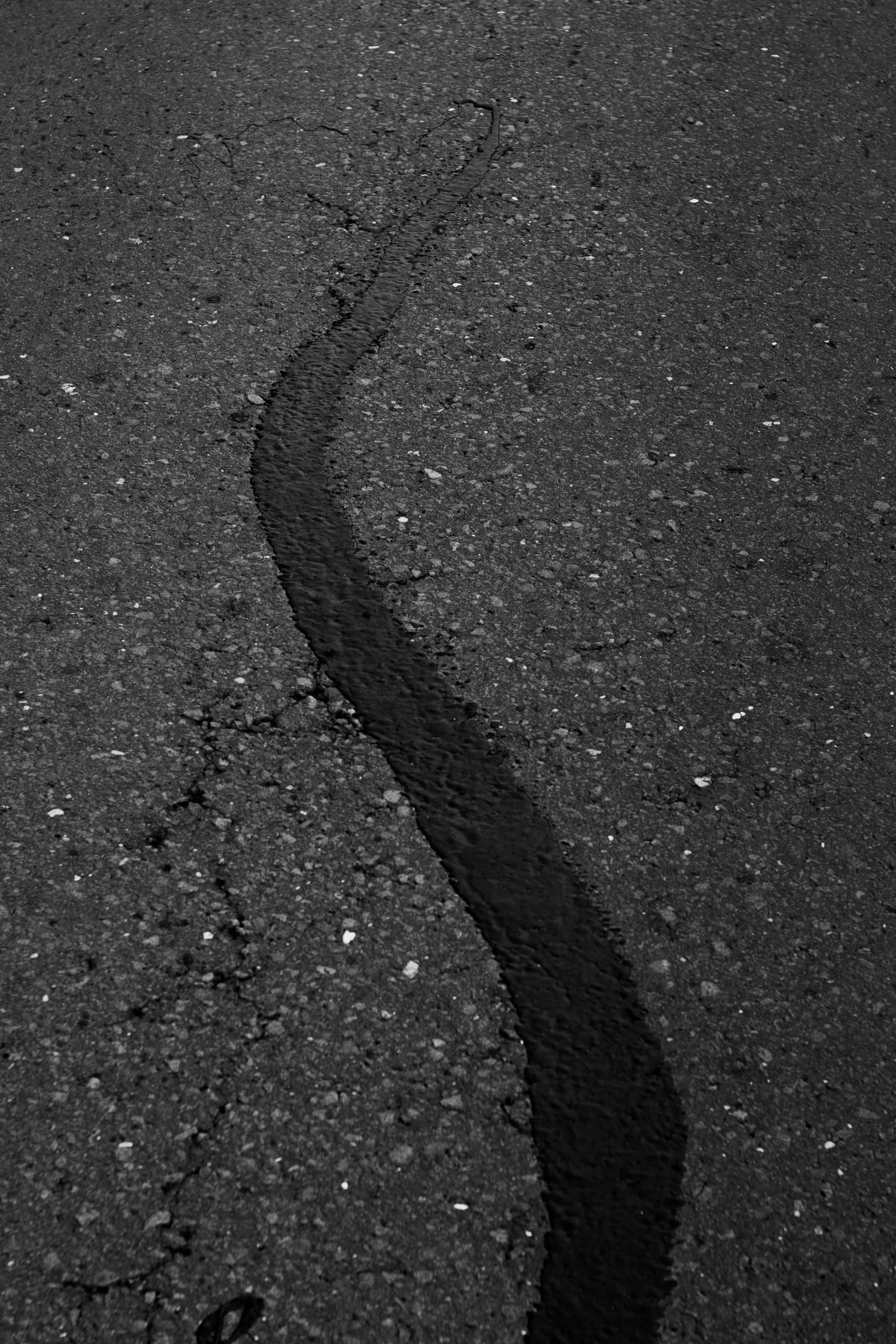 A long crack in asphalt filled with a band of black crack sealant
