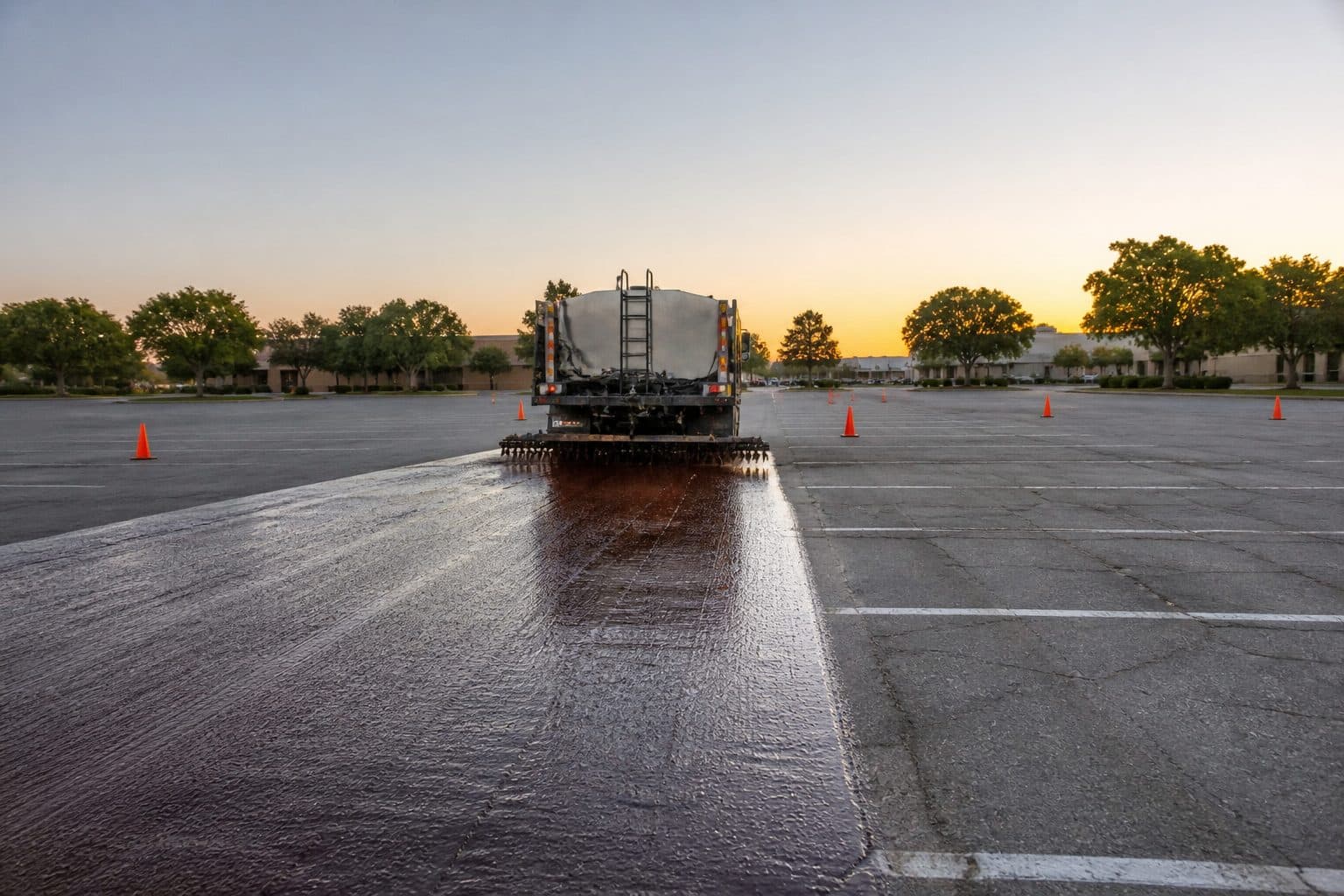 Distributor truck applying rejuvenator on an oxidized parking lot