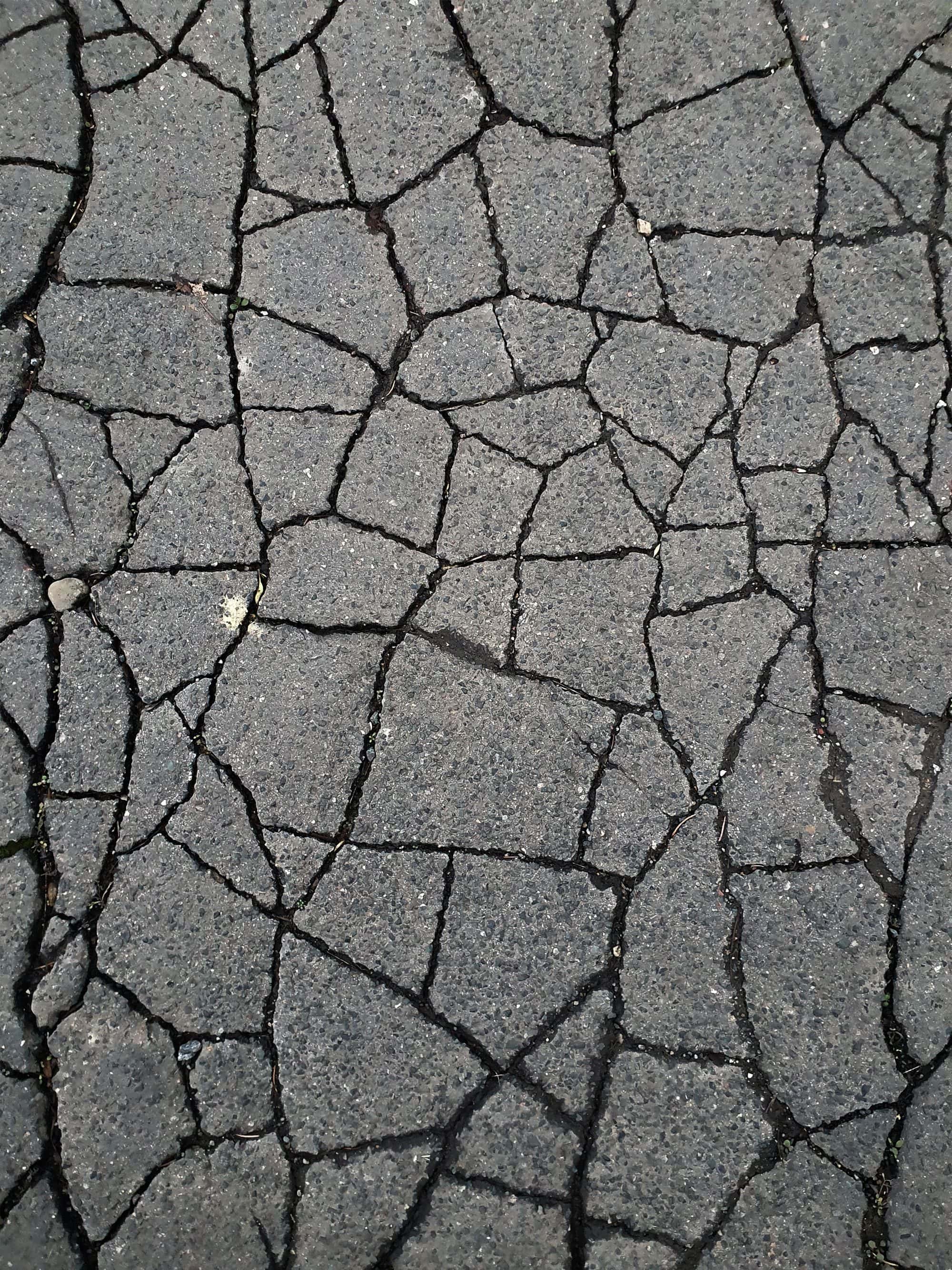 Asphalt broken into a web of small blocks by alligator cracking