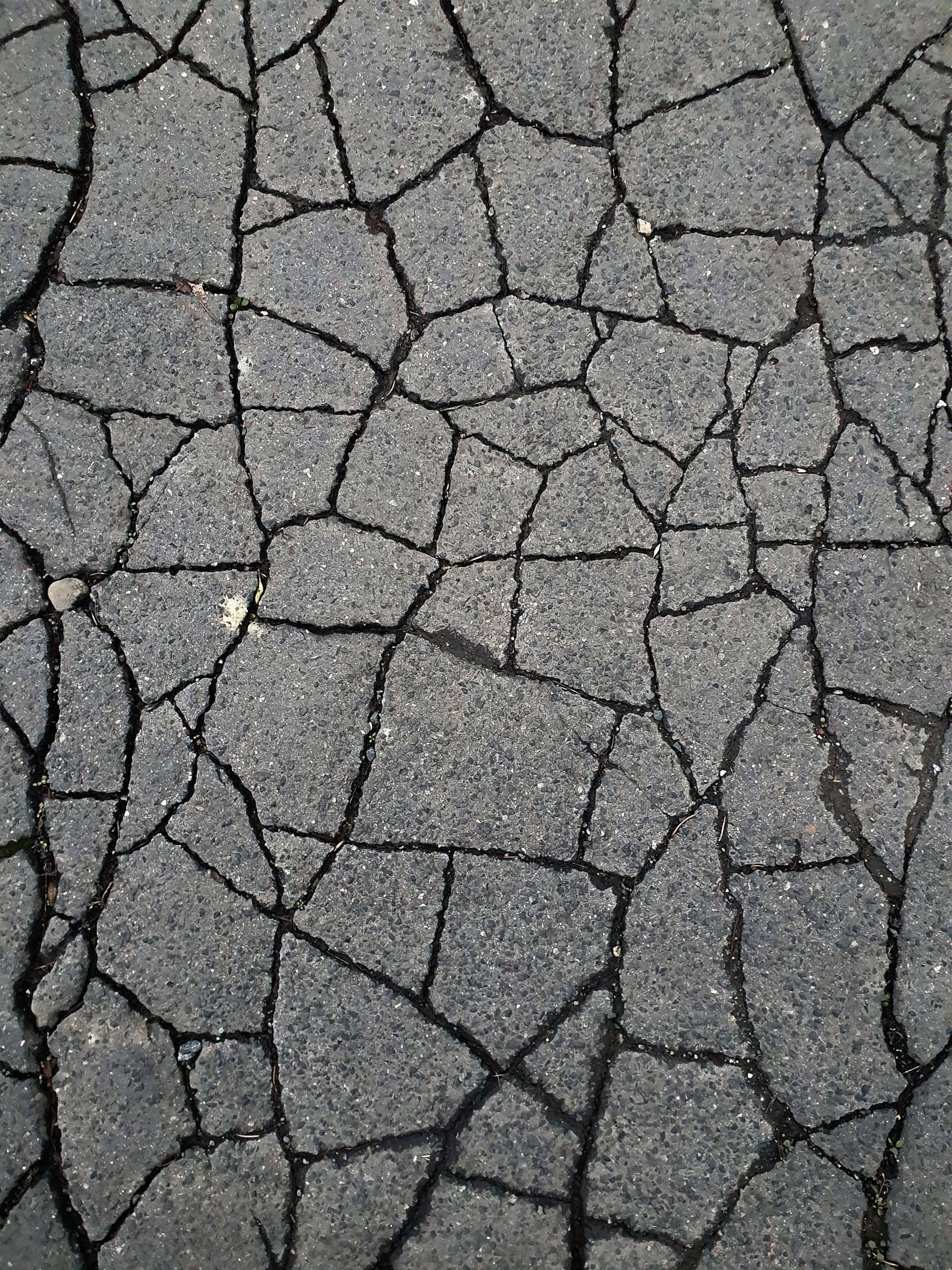 Asphalt broken into a web of small blocks by alligator cracking